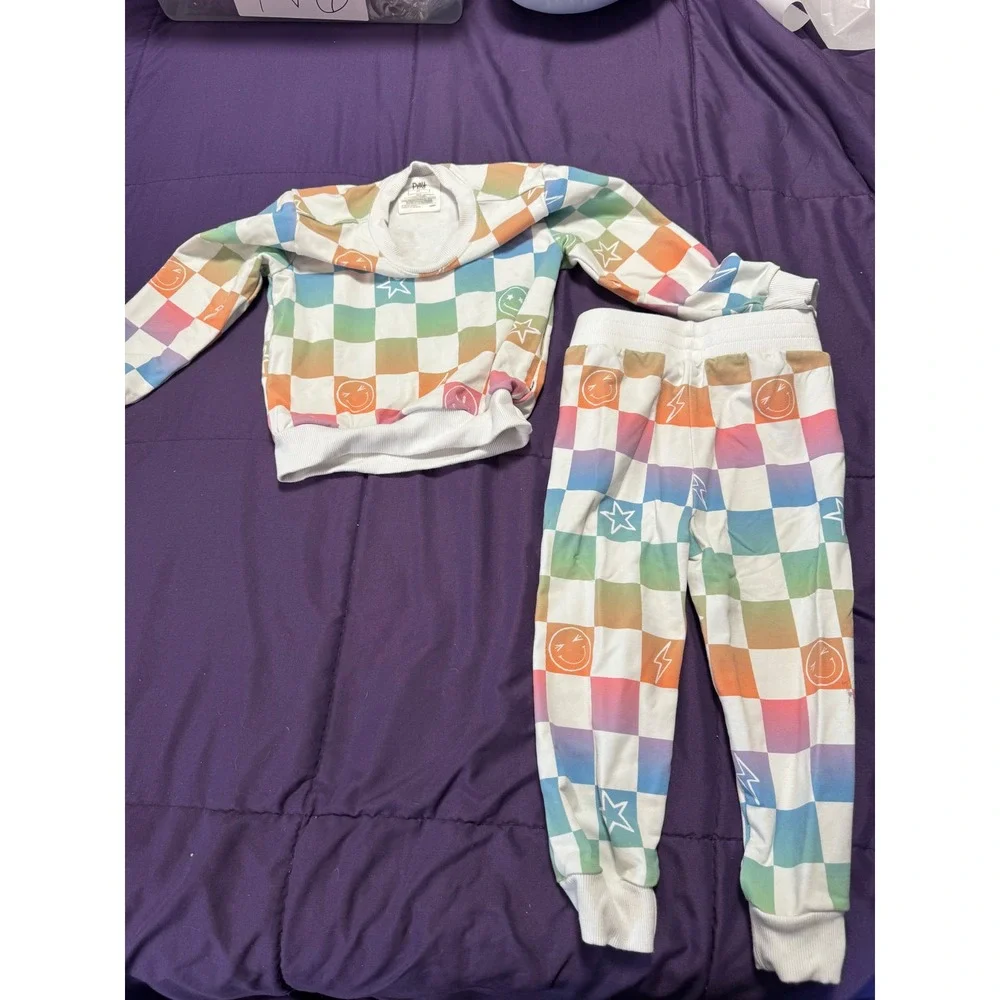 Play by Little Sleepies Rainbow Checkerboard Sweatshirt and Joggers Set 3T